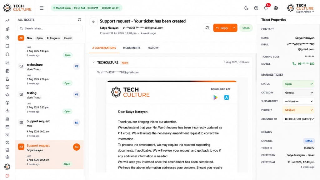 TechCulture AI customer support dashboard showing ticket conversations, customer context and ticket management